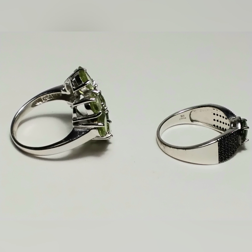 2 Green Peridot Rings Sz 8-1/2 & 8-3/4 925 Silver Marcasite - Picture 3 of 10